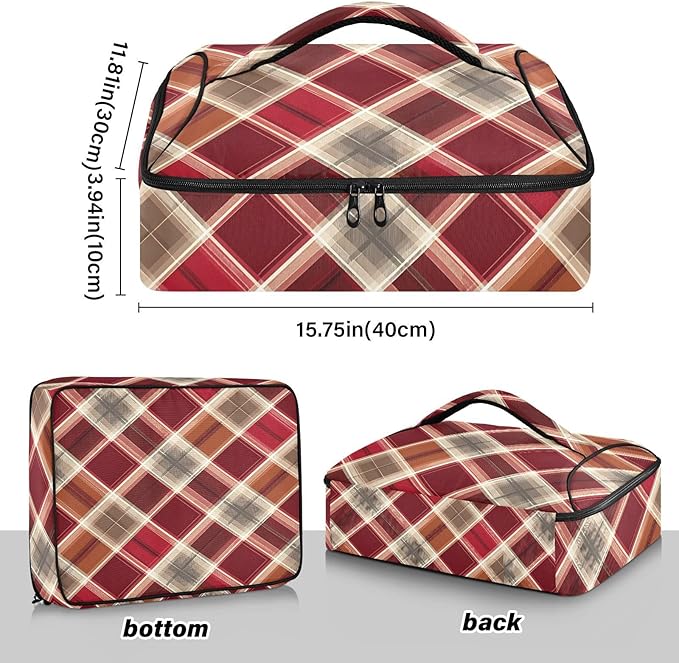Casserole Carrier Red Brown Tartan Pattern Insulated Casserole Carrier for Hot or Cold Food Thermal Lunch Tote for Parties Picnic Travel Carry Bag