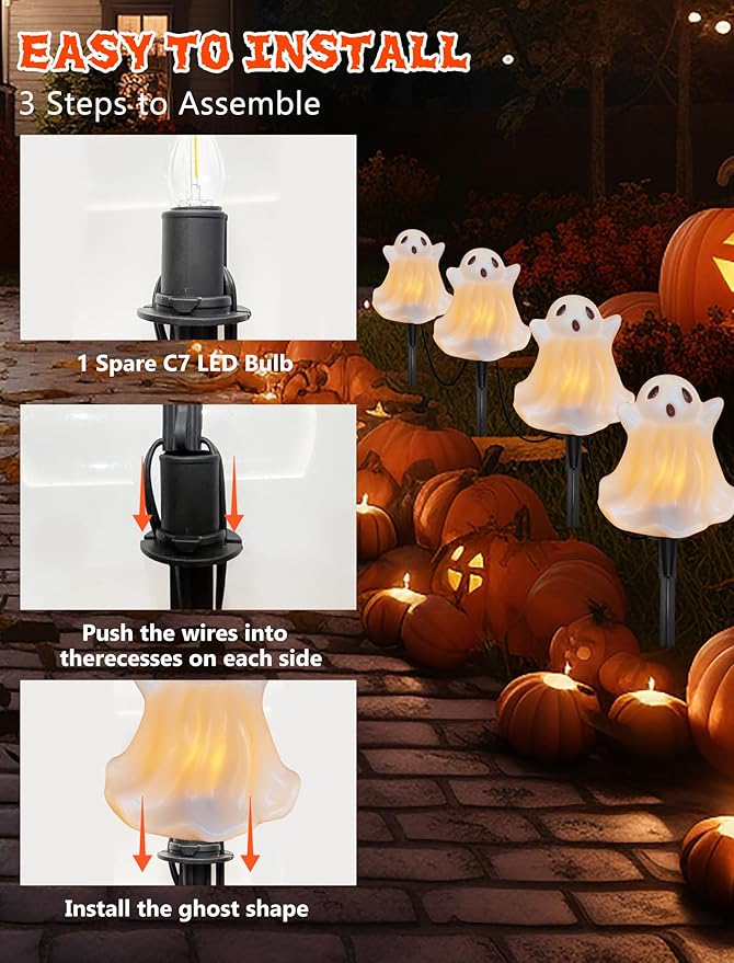 Halloween Pathway Lights Outdoor Decorations 4PCS 3D Light-Up Ghost Garden Stake Lights Waterproof Outdoor Lights for Yard Lawn Driveway Halloween Decor