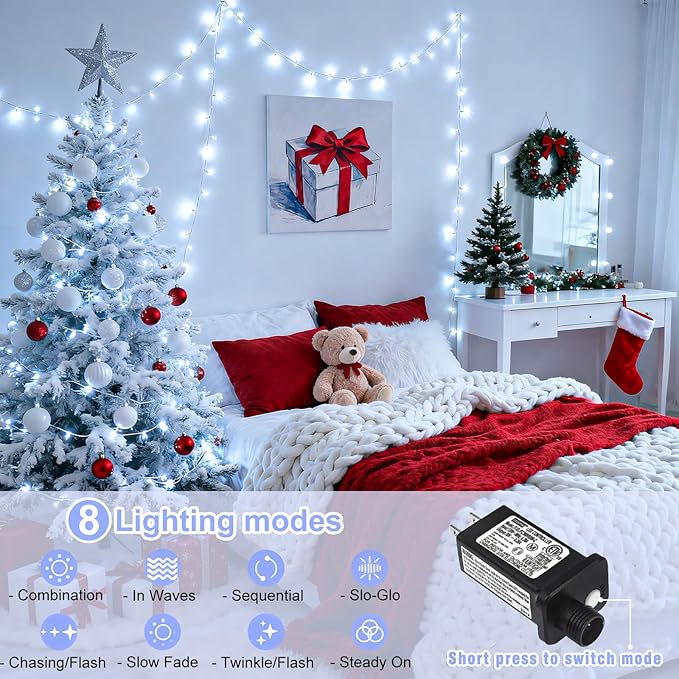 100FT 300 LED Outdoor String Lights Connectable Christmas Lights Indoor Waterproof with 8 Modes Plug in Twinkle Fairy Lights Clear Wire for Bedroom Home Wedding Patio Decorations White