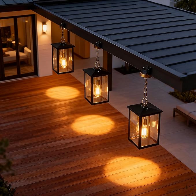 17IN Large Dusk to Dawn Outdoor Pendant Light 3-Light Modern Black Metal Outside Chandelier Exterior Hanging Fixture Ceiling Mount with Clear Glass for Front Porch Entrance Entryway