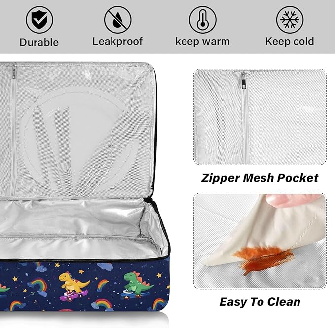 Casserole Carrier Cute Dinosaurs Riding SkateboardsInsulated Casserole Carrier for Hot or Cold Food Thermal Lunch Tote for Potluck Parties Picnic Beach Fits 9 x 13 Inches Baking Dish