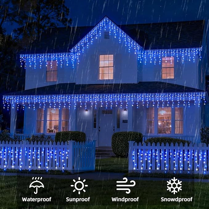 Christmas Outdoor Icicle Lights - 480 LED 66+33 FT 8 Modes Curtain Fairy String Light Plug in Waterproof for Eaves Yard Holiday Xmas Holiday Indoor Outdoor Decoration - Blue White