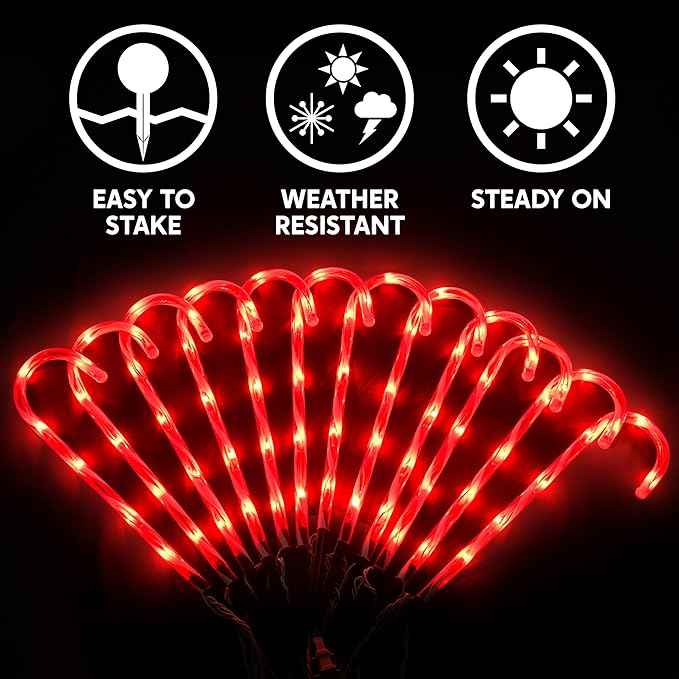 Joiedomi 12 Pcs Christmas Candy Cane Pathway Markers Lights 17” Stakes Lights with Red Waterproof Outdoor Decorations for Holiday Xmas IndoorYard Walkway Lawn Garden Decor