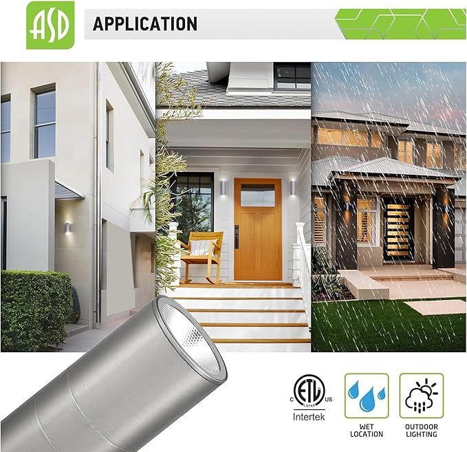 ASD LED Up Down Lights Outdoor Cylinder Wall Light 18W (120W Equiv) 1500Lm 5000K Daylight 120V Patio Wall Light Fixture Wet Rated Stainless Steel Wall Sconce ETL &amp Energy Star 2-Pack