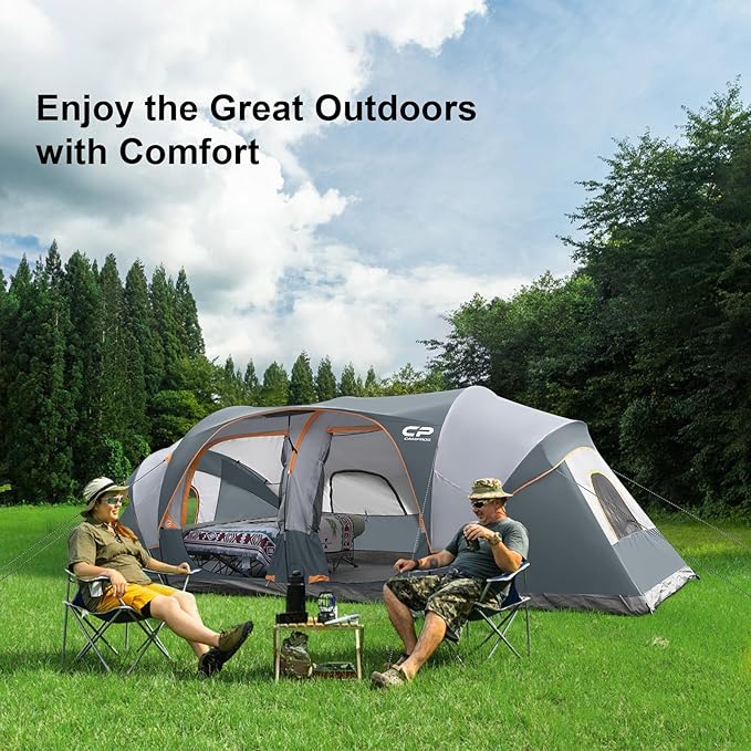 CAMPROS CP Tent 12-Person-Camping-Tents3 Room Family TentsWaterproof Windproof Family Tent with Top Rainfly6 Large Mesh WindowsDouble LayerEasy Set Up Portable with Carry Bag-20' x 9' x 72(H)