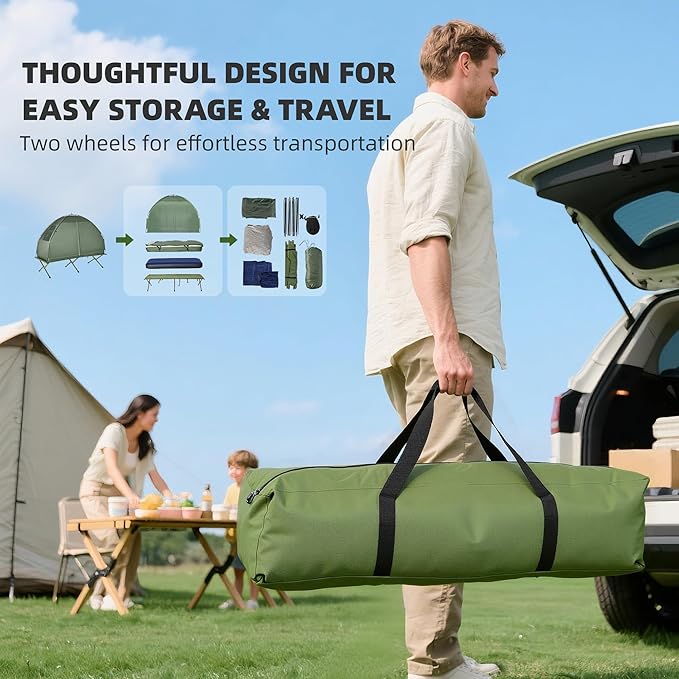 Outsunny Camping Tent Cot Folding Tent Cot Combo with Mattress Pillow Sleeping Bag Roller Carrying Bag Off Ground Travel Camp Cot for Hiking Backpacking
