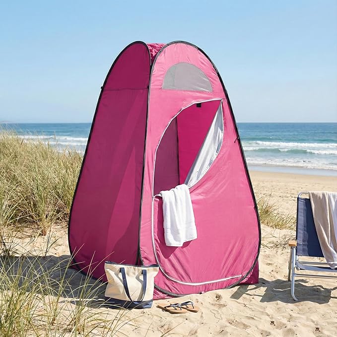 4x4ft Pop Up Privacy Shower Tent with Top Window 3.6lbs Liightweight Dressing Room Portable Toilet Stall with Carry Bag for Camping Beach Outdoors (Pink)