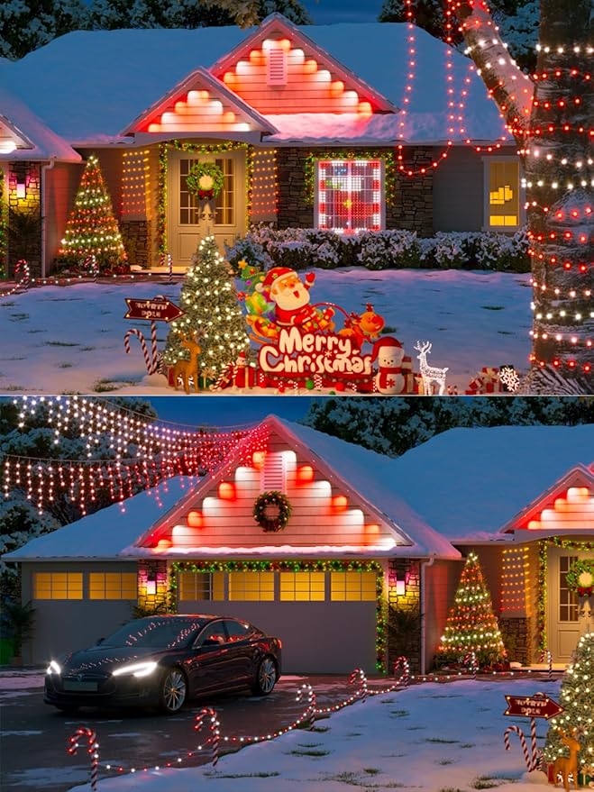 4-pack Red and White Solar Christmas Lights Outdoor Waterproof 400LED 132FT Solar Powered LED String Lights Green Wire with 8 Modes Solar Fairy Lights for Xmas Tree Party Wedding Garden Fence Decor