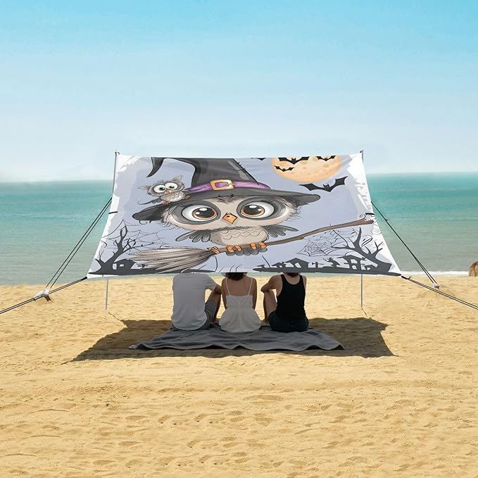ALAZA Witch Owl Moon Halloween Beach Tent Sun Shelter UPF50+ Protection Beach Shade Canopy w/ 4 Sandbags for Outdoor Camping Fishing Backyard Fun Picnic 10x9 ft
