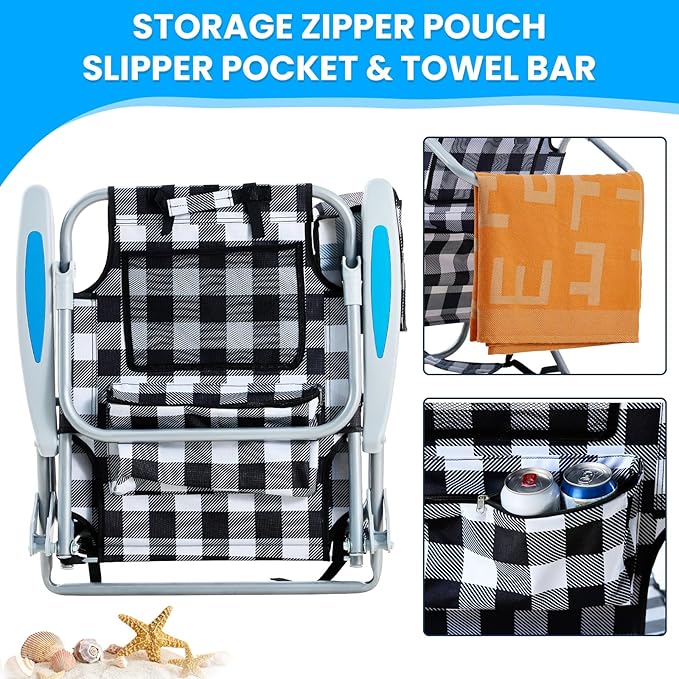 Portable Beach Chair for Adults Outdoor Camping Chair Lay Flat Folding Backpack Beach Reclining Chair with 5 Positions Headrest Cup Holder Heavy Plaid