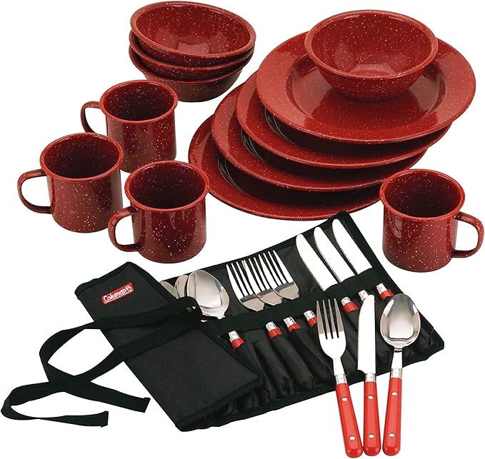 Coleman 24-Piece Enamel Dinnerware Set for Outdoor Dining Dishwasher Safe Full Dinnerware &amp Flatware Set for 4 People