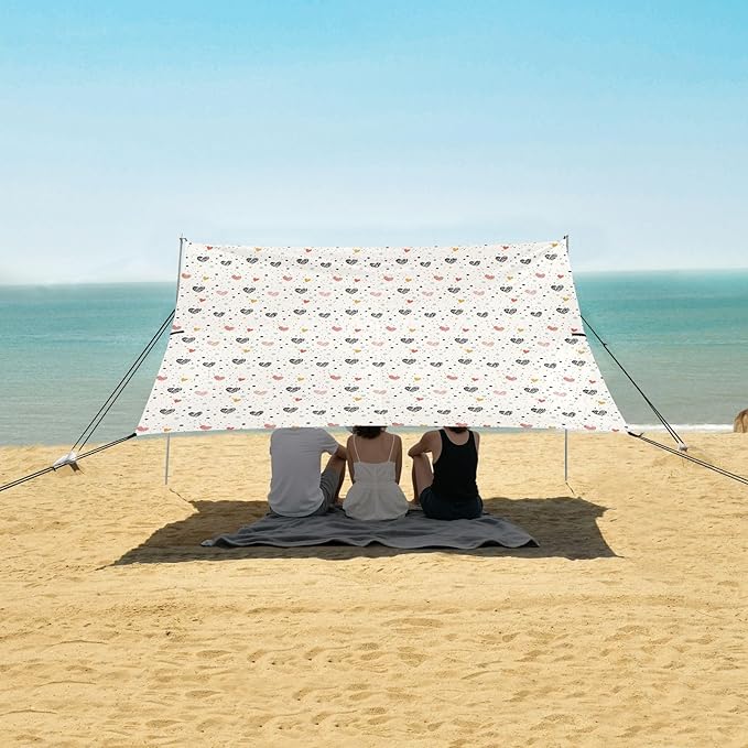 ALAZA Polka Dot Hearts Beach Tent Sun Shelter UPF50+ Protection Beach Shade Canopy w/ 4 Sandbags for Outdoor Camping Fishing Backyard Fun Picnic 10x9 ft