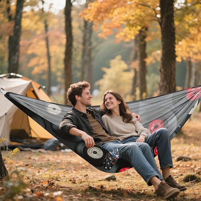 OTVEE Camping Hammock Retro Vinyl Whimsy Portable Hammocks 500lb Upgraded Thickened Durable Single Hammocks with Tree Straps &amp Travel Bag for Camping Outdoor Indoor Patio Backyard