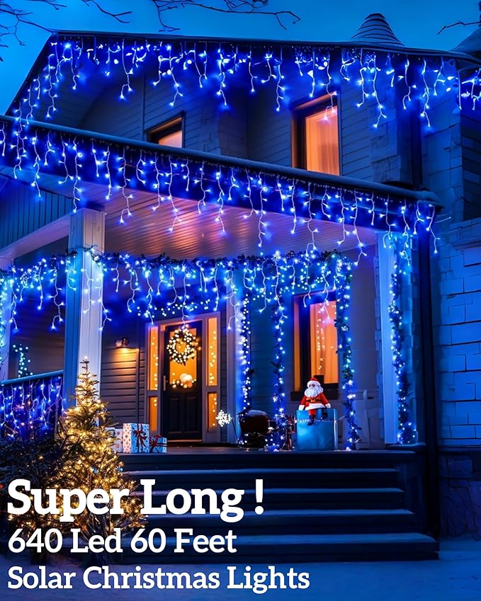 Solar Christmas Lights Outdoor 640LED 16Ft+60Ft Solar Icicle Lights Waterproof with 13 Modes Rechargeable for Outside Roof Fence Christmas Decorations