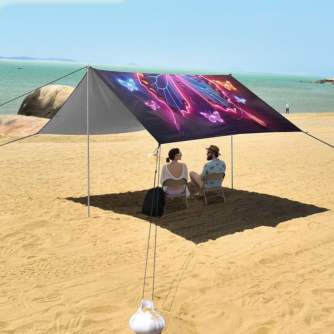 Neon Butterfly Beach Tent Sun Shelter 9.2' x 10.5' Beach Canopy with 4 Sandbags 4 Stability Poles Sand Shovels - Tent Canopy for Beach Camping Fishing Picnics