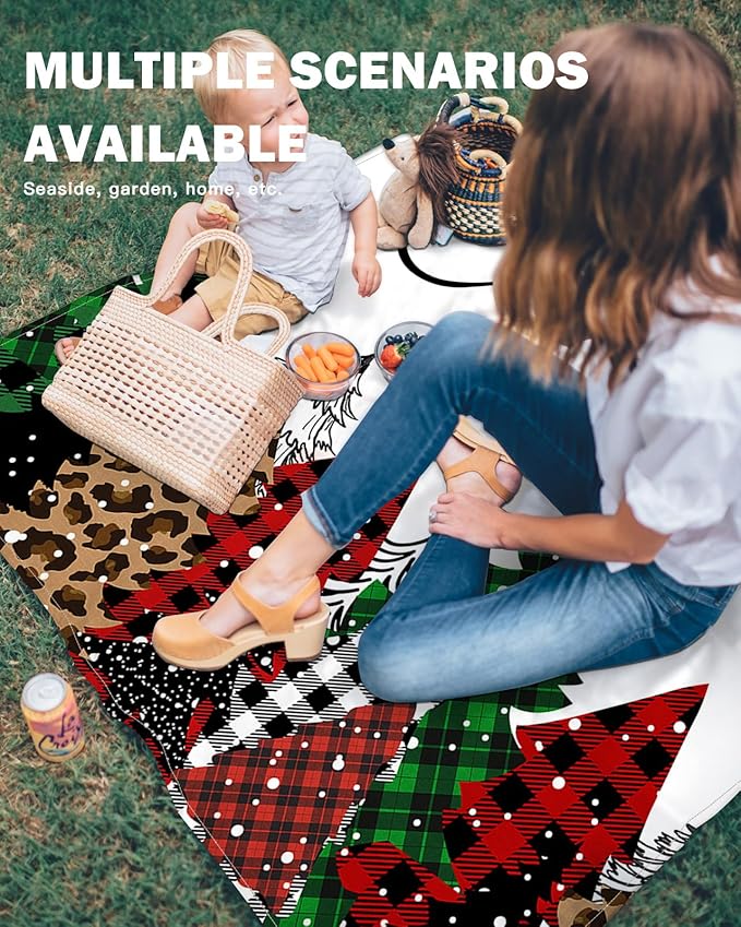 Beach Blanket Waterproof Sandproof Christmas Tree Classic Tartan Quick Drying Beach Mat with 4 Stakes Red Black Farmhouse Buffalo Plaid Lightweight Picnic Blanket for Travel Camping Outdoor 83x79
