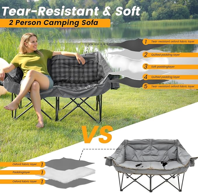 Heated Double Camping Chair with 2 Battery Padded Camping Couch with 3 Heat Levels and 4 Heating Zones Oversized Camp Loveseat Support 800lbs for Soccer Games Tailgating RV Travel Beach Days