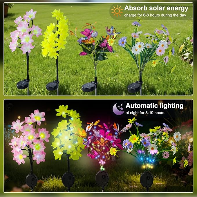 Solar Path Lights Outdoor 4 Pack LED Flower &amp Butterfly Decor Waterproof Auto On/Off Bigger Solar Panel for Yard Patio Garden Walkway Decoration Gift for Mom (Colour)