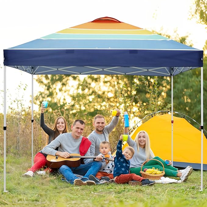 EAGLE PEAK Pop Up Canopy Tent with Wheeled Carry Bag 8 Stakes 4 Ropes 4 Weight Bags Easy Set Up Tent Canopy 10x10 ft 100sqft of Shade Retro Stripe Multi