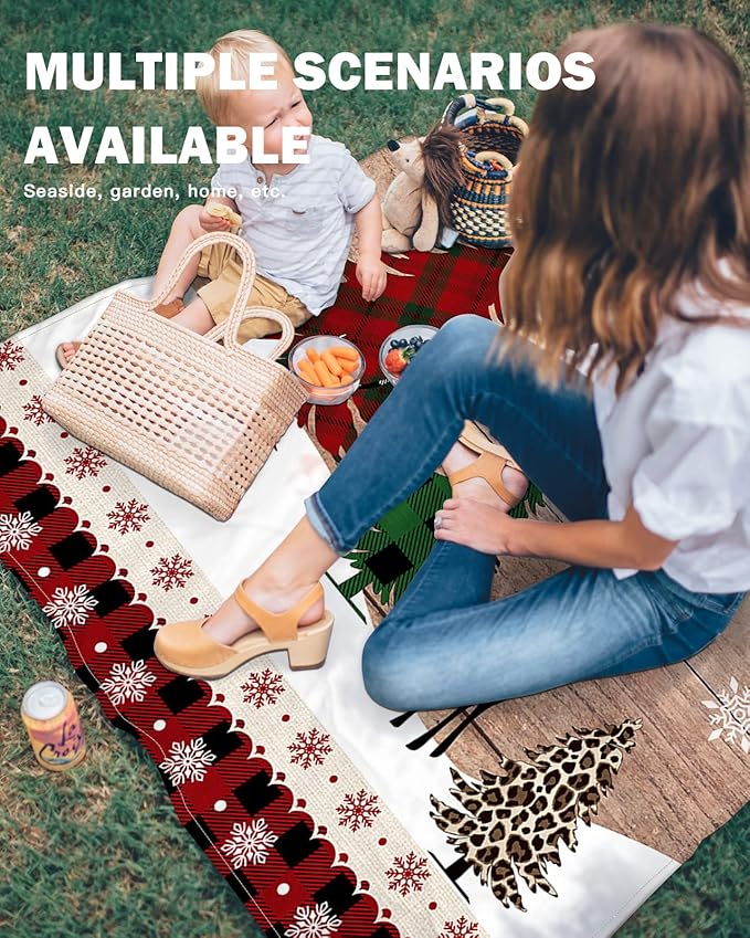 Beach Blanket Waterproof Sandproof Christmas Tree Elk Shadow Winter Snow Quick Drying Beach Mat with 4 Stakes Leopard Trees Farm Vintage Wood Lightweight Picnic Blanket for Travel Camping 118x108