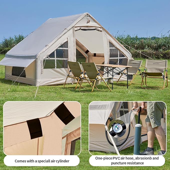Inflatable Tents for Camping with Stove Jack 2/4/6/8 Person Easy Setup Blow Up Tents for 4 Seasons Waterproof Inflatable Camping Tent with Awning Air House Glamping Tents for Camping Adult