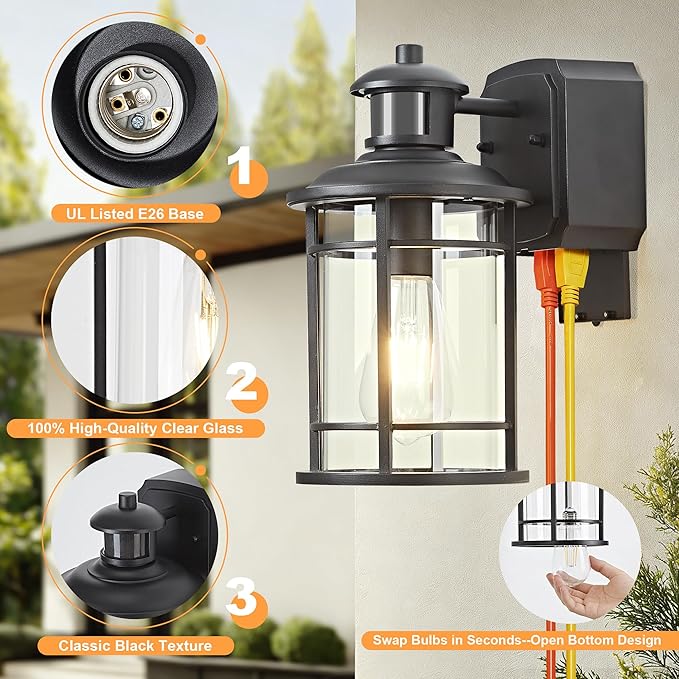 Patio Wall Light Fixture with Dual GFCI Outlets Outdoor Light with Outlet Motion Sensor with 3 Sensor Modes &amp Dusk-to-Dawn Vintage Industrial Black Outdoor Lantern for Porch Patio Garage Entry