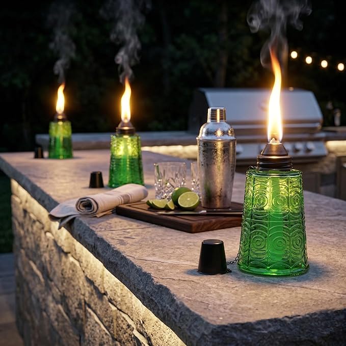 Seraphic Citronella Table Top Torches for Outdoor Patio 16oz Decorative Glass Torch Citronella Candles for Outside Deck Garden Parties Set of 3 Green