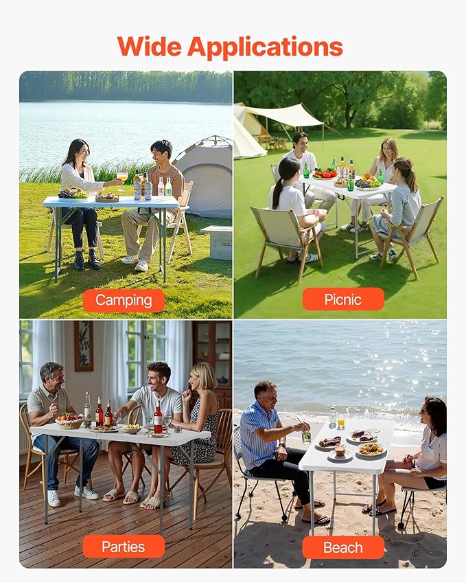 VEVOR Folding Table Heavy Duty Portable Fold-in-Half Utility Table Indoor Outdoor Plastic Rectangle Table with Built in Handle for Party Dining Wedding Events Picnic Camping 4 ft White