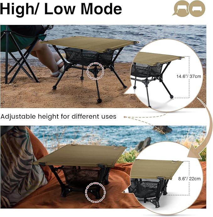 ONETIGRIS Dipper Camping Table Lightweight Portable Folding Table with Mesh Storage Net High/Low Options Ideal for Camping Hiking Tailgating Beach Picnic Travel Backyard