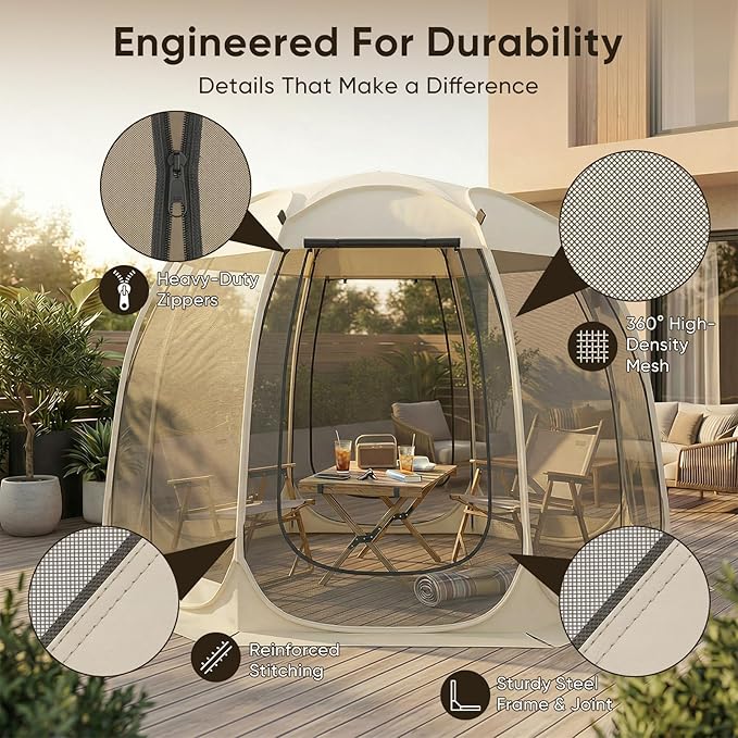 TABU Pop Up Screen House Tent 12x12 FT Screen Room Canopy with Mosquito Mesh Instant UV Resistant Shelter with Carry Bag for 8-10 Person Beige