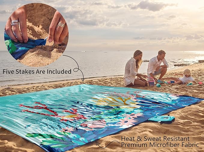 WEKAPO Beach Blanket Waterproof Sandproof Oversized Extra Large Beach Mat Sand Free Lightweight &amp Compact Sand Free Mat with 6 Stakes &amp 4 Corner Pockets