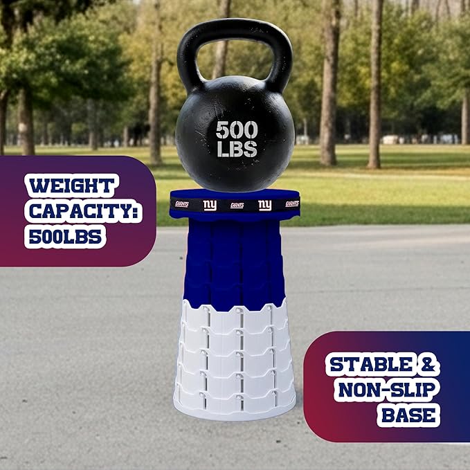 Sporticulture NFL New York Giants Telescoping Collapsible Stool 500lbs Max Weight Portable Adjustable Height Folding Camping Stool with Carry Strap Retractable Stadium Have A Seat Outdoor Sports Fan