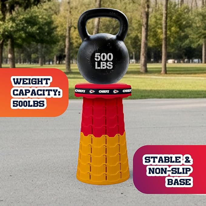 Sporticulture NFL Kansas City Chiefs Telescoping Collapsible Stool Portable Adjustable Height Folding Camping Stool with Carry Strap Retractable Stadium and Tailgate Seat 18Hx10Wx10D