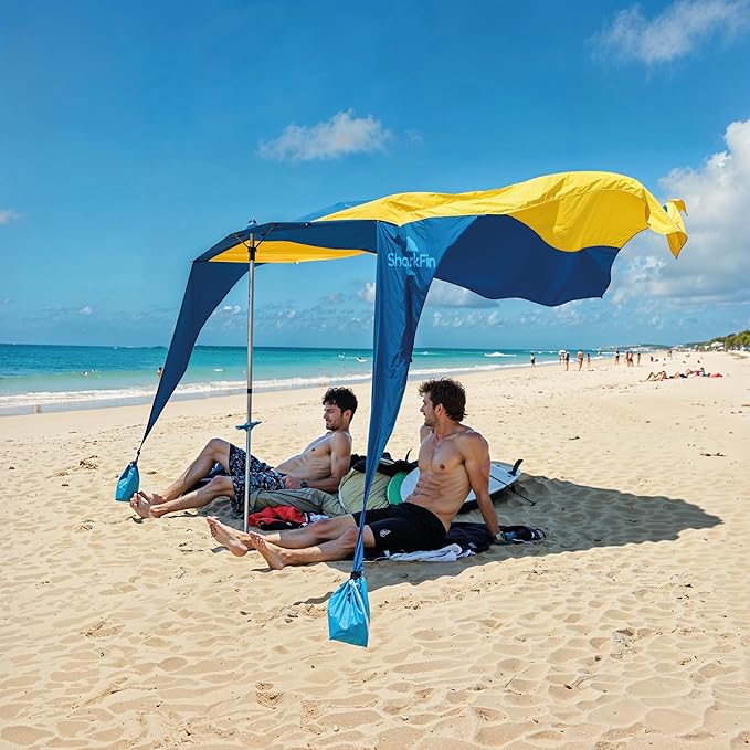 Shark FIN Shade Beach Tent Wind Sun Canopy Portable Easy Set Up UPF 50+ No Assembly Required 3-30 MPH - 1 to 8 People - Tie Downs Included - 2 Sizes Large 9' X 10' &amp Giant 13.5' X 10' PATENTS Pend