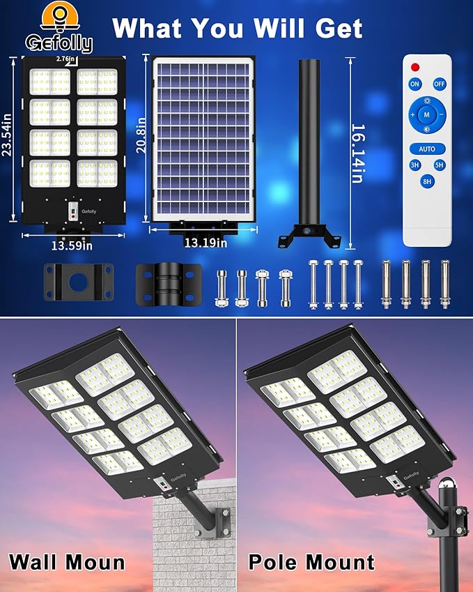 Gefolly SL-3800W Solar Street Light Outdoor Wide Angle Commercial Parking Lot Lights Dusk to Dawn 6500K Flood Security Light IP67 Lamp for Basketball Court Yard Road