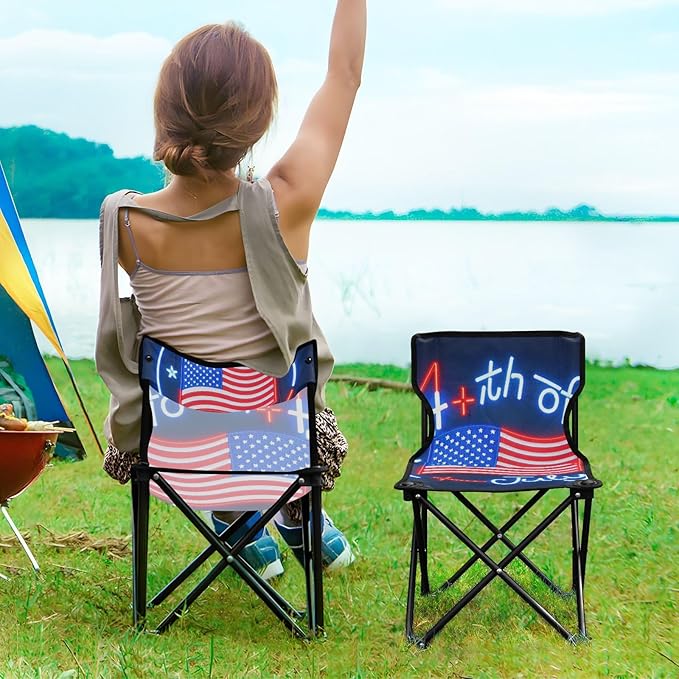 4th of July Independence Day Red American Flag Portable Camping Chairs for Adults Lightweight Compact Folding Chair Carry Bag Included Lawn Chairs for Travel Concert