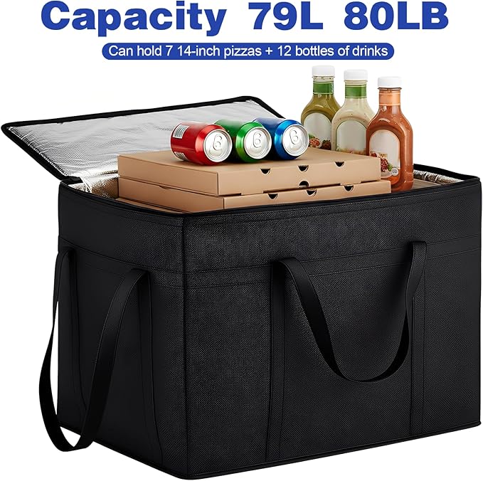 3 Pack Large Insulated Food Delivery Bag with hard bottom XXXL Large Reusable Thermal Cooler Grocery Tote Bag Thermal Cold/Hot Styrofoam Carrier for Shopping/Travel Black