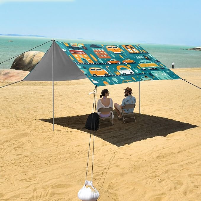 Camping Sun Shelters Cartoon Vehicles and Buildings Beach Canopy 126 * 110.2in