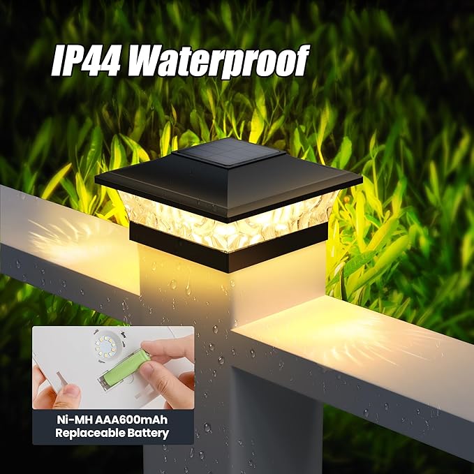 APONUO Solar Post Cap Lights 6 Pack for 4x4 5x5 6x6 Wood &amp Vinyl Fences - IP65 Waterproof All-Night Auto On/Off Warm/Cool White Light Outdoor Deck Patio Garden (Black)