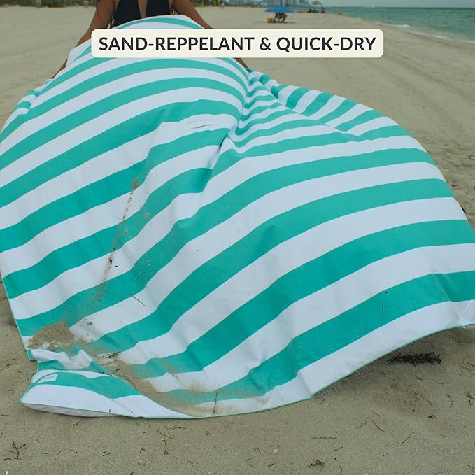 Plush Microfiber Beach Blanket Extra Large Beach Mat for 3-6 Persons Sandproof Windproof | Hole for Umbrella Corner Sand Pockets to Fight Wind (Bag for Blanket Included)