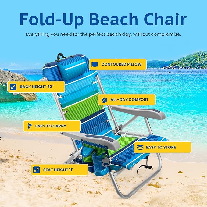 Homevative Cooler+ Folding Backpack Beach Chair with 5 Positions Towel bar XL Cooler Pouch Storage Net Cup and Phone Holder Deep Sea 2 Pack
