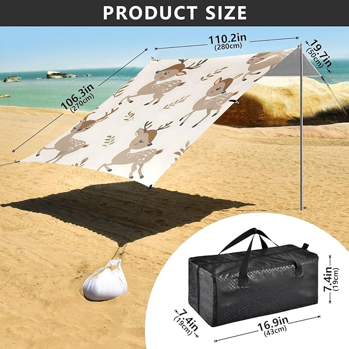 Seamless Pattern with Cartoon Deer Camping Sun Shelter Beach Tent Portable Beach Sun Shade Outdoor Canopy for Camping Trips Fishing Picnic