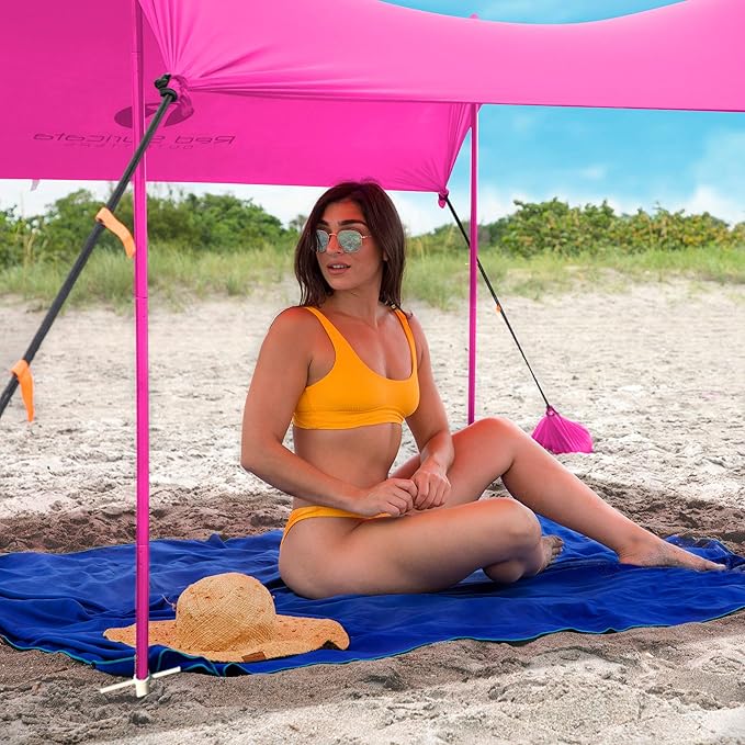 Red Suricata Family Beach Parasol - Sun Shade Canopy | UPF 50 UV Protection | Tent with 4 Aluminium Poles 4 Pole Anchors 4 Sandbag Anchors | Large &amp Portable Shelter Tarp