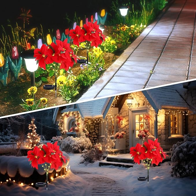 VIHOSE 2 Pcs Christmas Solar Poinsettia Lights Outdoor Artificial Flowers Landscape Waterproof Solar Poinsettia Lights for Yard Lawn Patio Garden Pathway Xmas Party Supplies (10 FlowersRed)