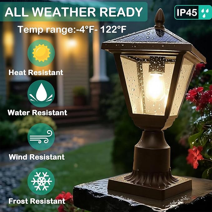 Solar Post Lights Outdoor – No Wiring Required Auto Dusk to Dawn Fence &amp Pillar Light for Backyard Garden Pathway Metal and Glass Built Weather Resistant Post Lamp Lights (Warm White)