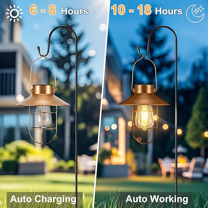 pearlstar 2 Pack Solar Lights Outdoor Hanging Solar Lanterns with Edison Bulb and 2 x 32 Inch Shepherd Hooks Waterproof Landscape Lighting for Garden Patio Yard Pathway Driveway Lawn (Copper)