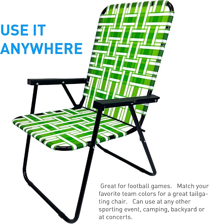 Lawn Chair Folding Steel Webbing Chaise Patio Lounger Seat Wood Handles Great for Camping Beach Fishing Backyard Stadium Pool Boating and Sports 4 Pack Green