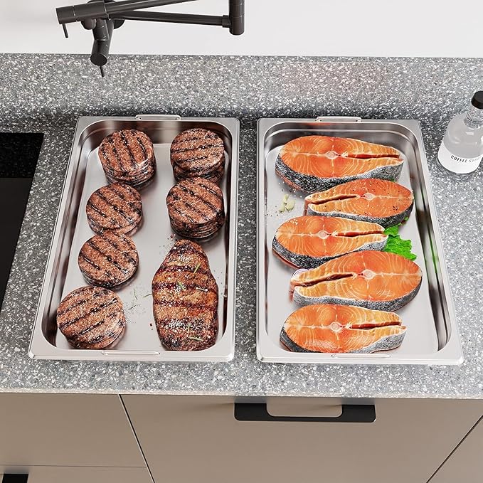 6 Pack Full Size Hotel Pan Commercial Catering Hotel Pan [NSF Certified][with Handle &amp Lid] Commercial Stainless Steel 6 Inch Deep Anti-Jamming Steam Table Pan