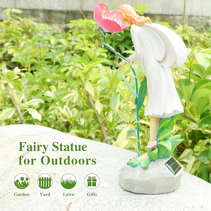 Fairy Garden Statue Outdoor Decor Solar Powered Garden Sculptures Fairy Resin Statues Waterproof Pink Flower Solar LED Lights Yard Art Decorations for Outside Patio Lawn Decor