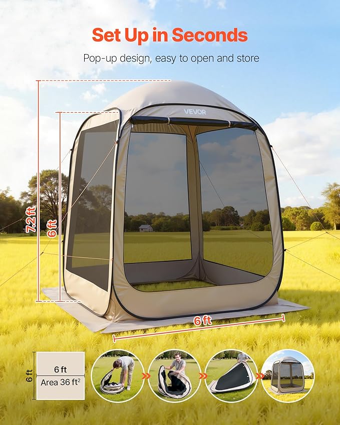 VEVOR 6 x 6 ft Pop up Screen House Tent 4-6 Person Portable Screen Gazebo with Carry Bag Netting Sides &amp Ground Stakes Quick Setup Screened Canopy for Garden Patio &amp Backyard and Outdoo